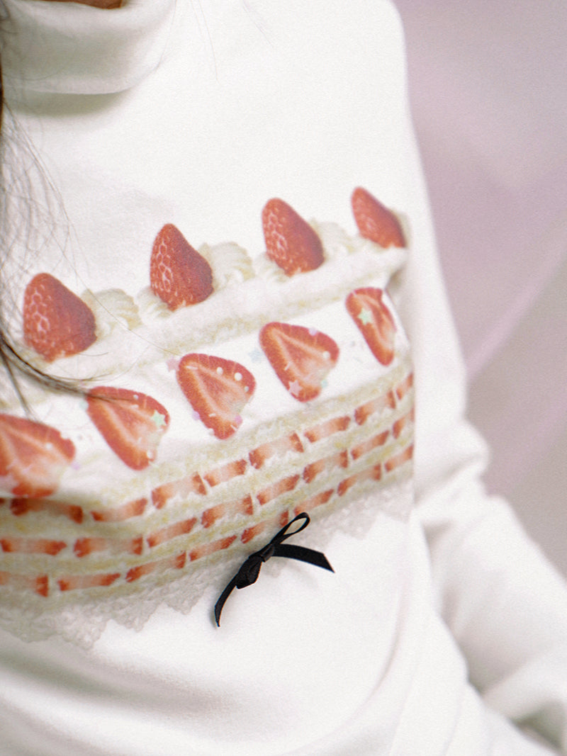 daytoday everyday institute - Kawaii Strawberry Cake Turtleneck Top Stretch Fuzzy sweatshirt daytoday everyday institute