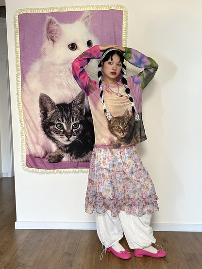 Kawaii Vintage Shirt – Cat Print Long Sleeve shirt bunnybunnygun