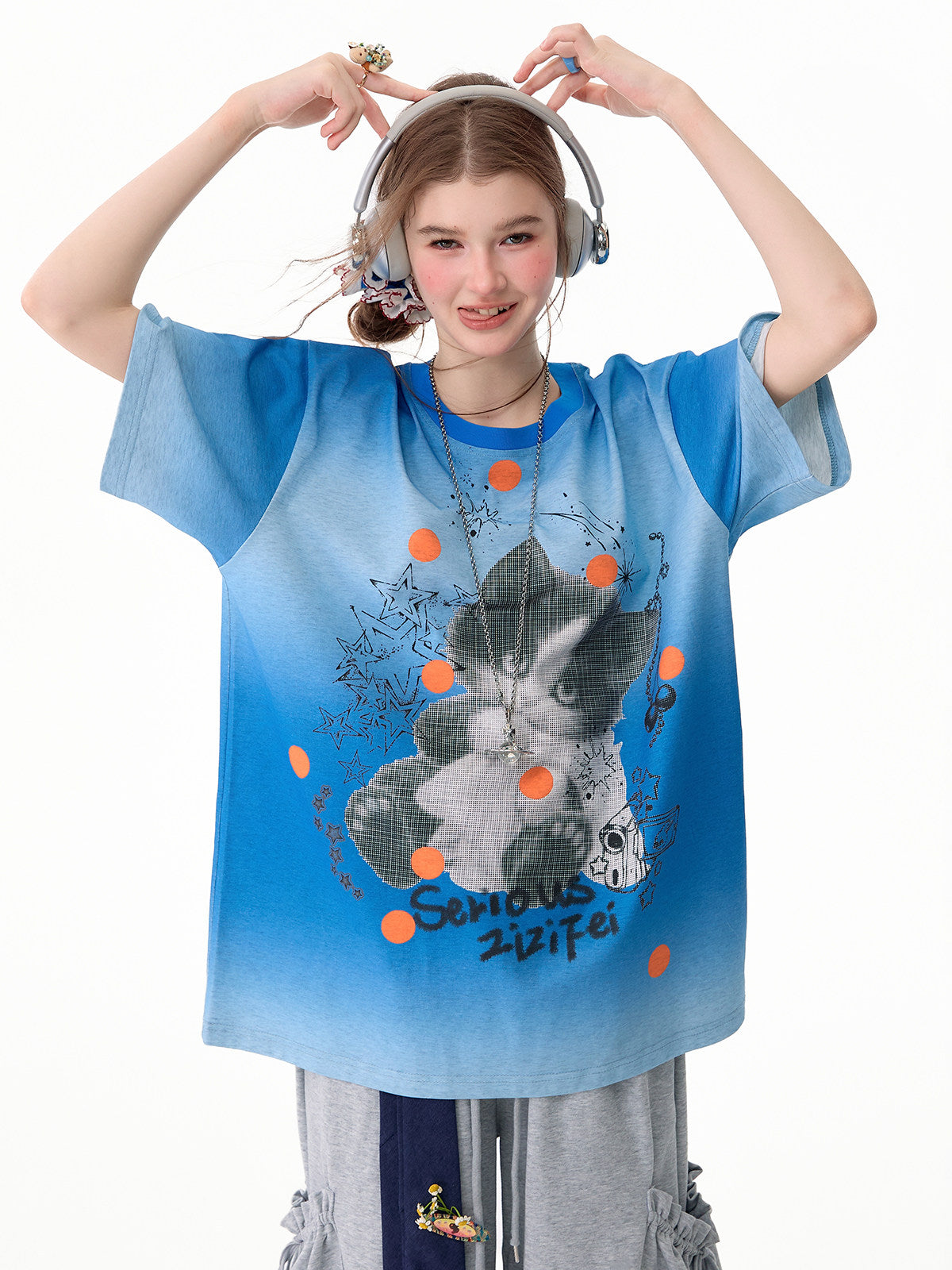 ziziFei - Gradient Cat Graphic T-Shirt tshirt ziziFei