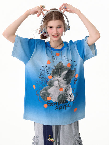 ziziFei - Gradient Cat Graphic T-Shirt tshirt ziziFei