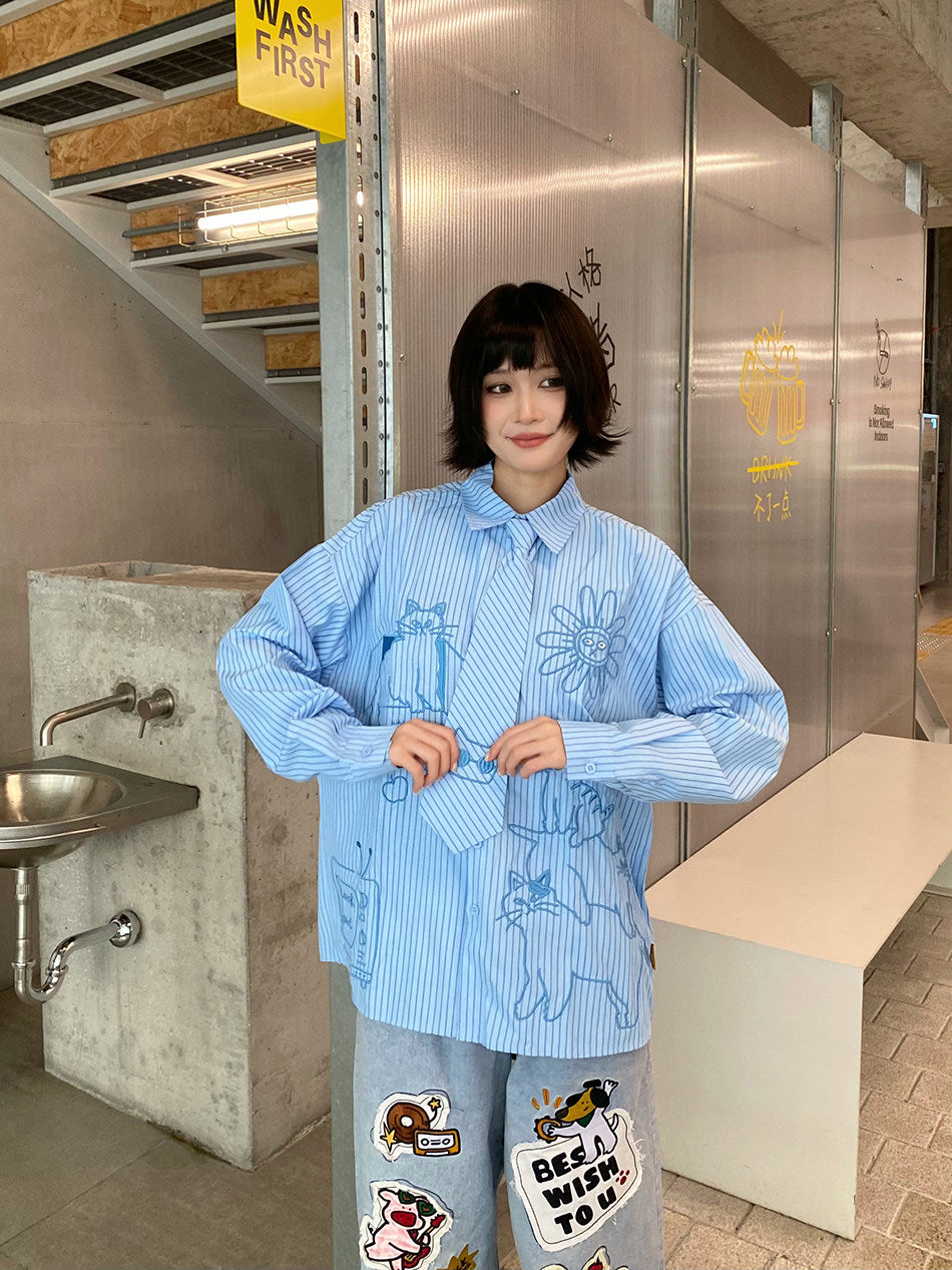 BIBULU - Kidcore Cartoon Stripe Shirt shirt BIBULU Blue M