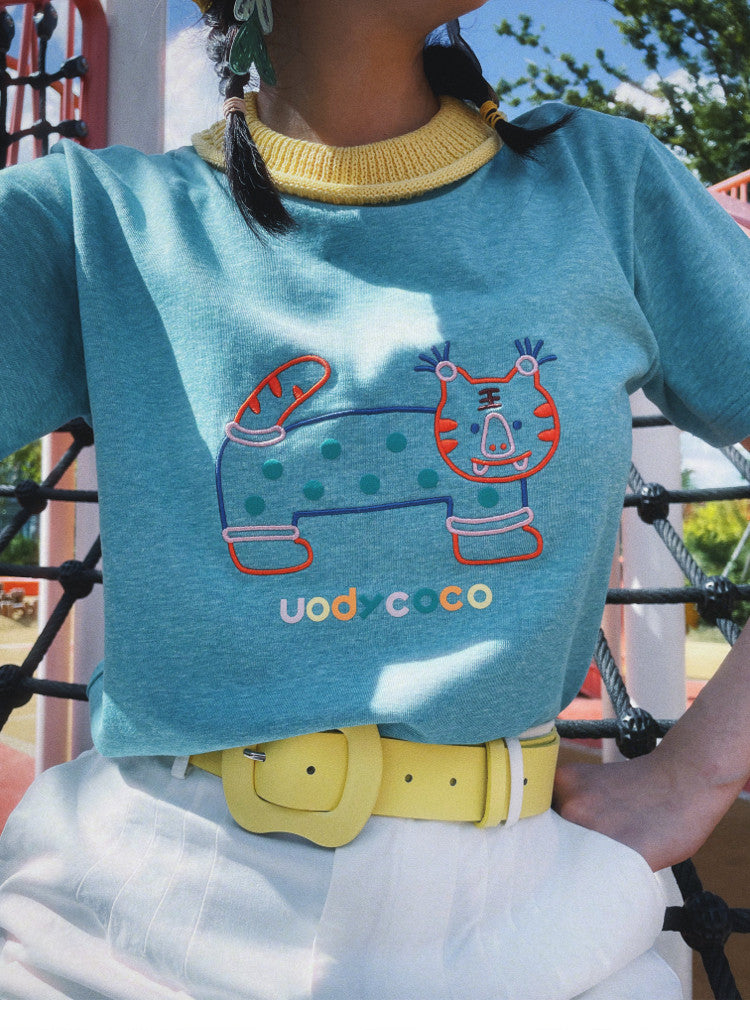 uodycoco – Embroidered Ribbed Collar T-Shirt tshirt uodycoco