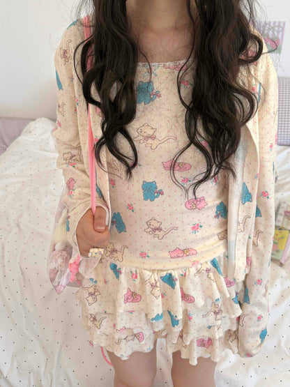KaiXin Hostel - Cat Rose Print Cardigan Set set KaiXin hostel