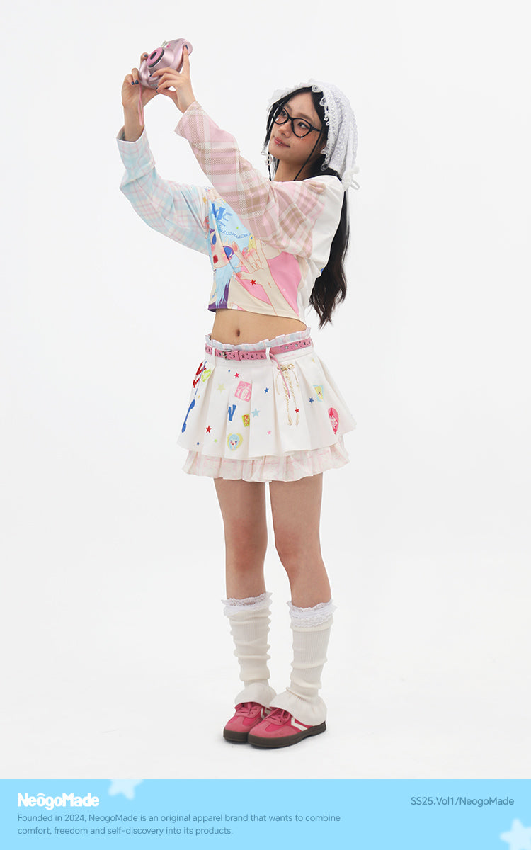 NeogoMade Twin Stars Crop Top | Harajuku Kawaii Off-Shoulder Plaid T-shirt tshirt NeogoMade