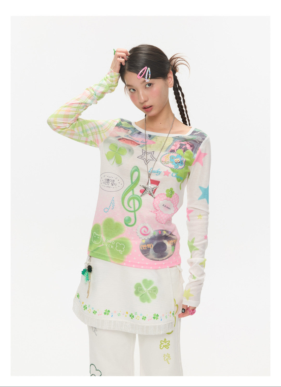BETWEENAND - Lucky Note Print Long Sleeve Top shirt BETWEENAND
