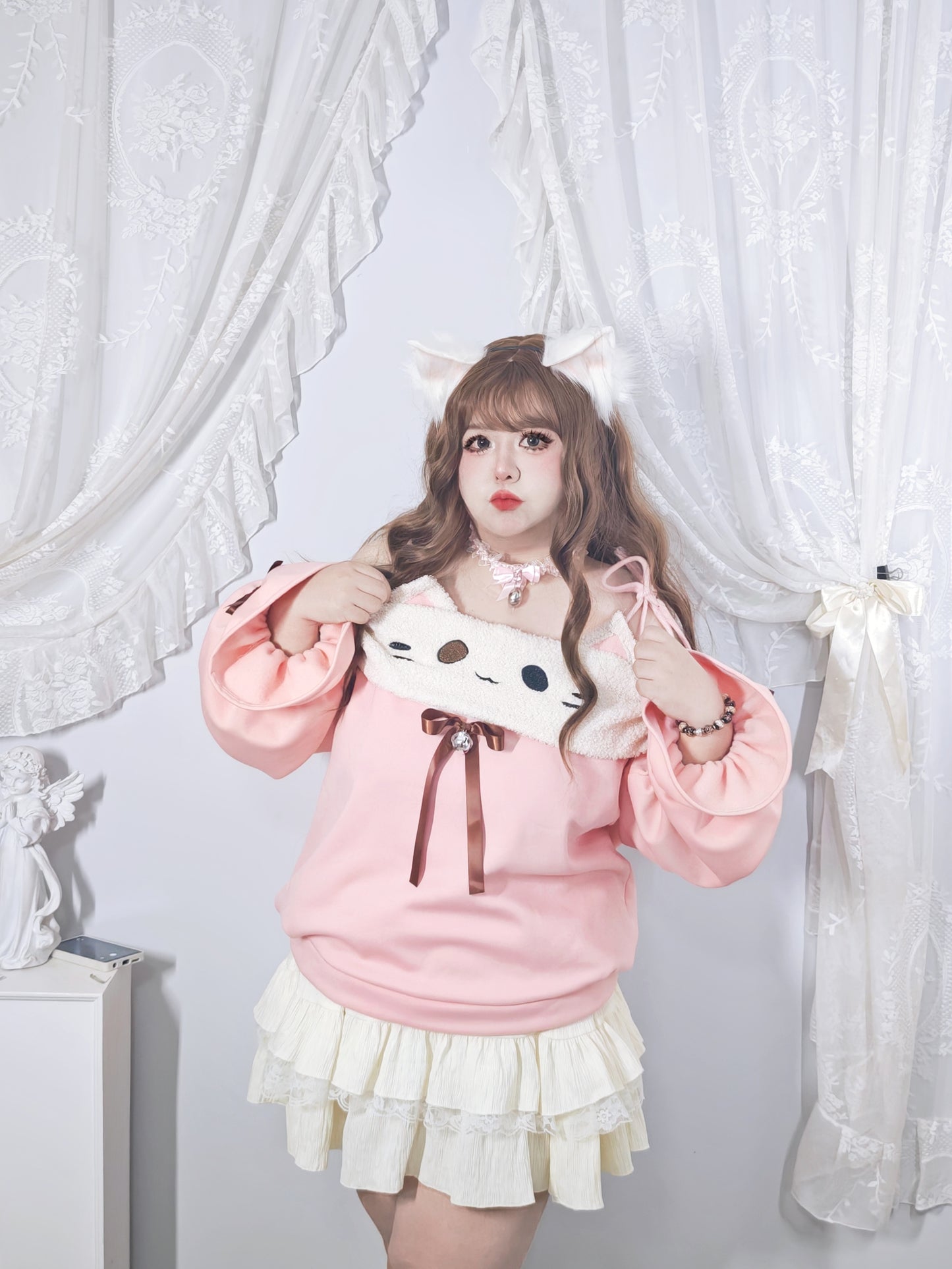 Roro Dream - Kawaii Oversized Puff Sleeve Cat Bow Sweater Lace Skirt Set set Roro Dream