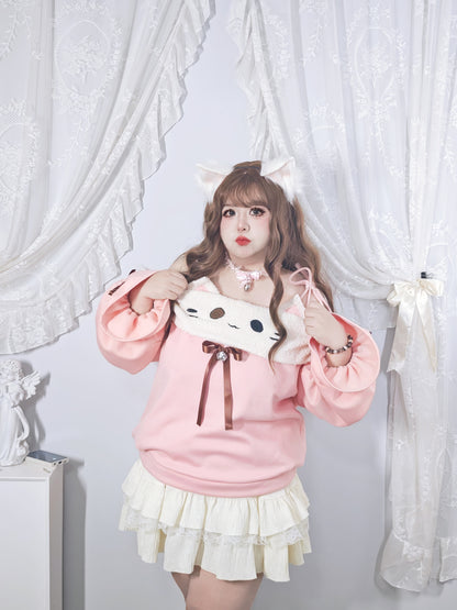 Roro Dream - Kawaii Oversized Puff Sleeve Cat Bow Sweater Lace Skirt Set set Roro Dream