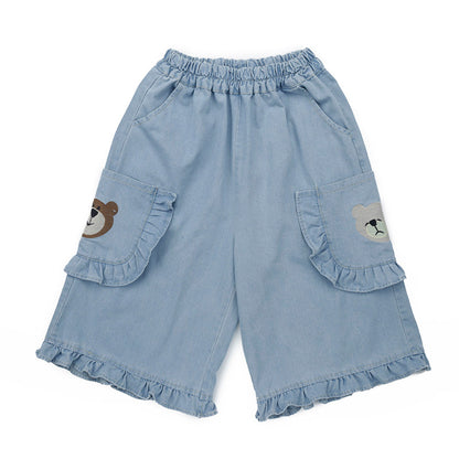 Naive – Embroidered Bear Denim Shorts pants Naive Light Blue