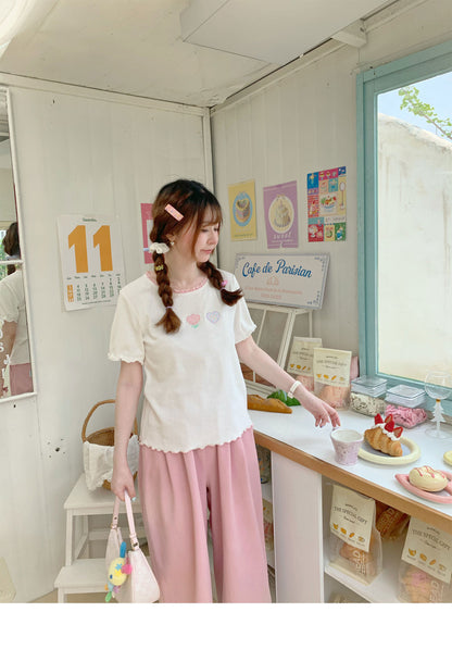 Peach Party - White Embroidered Kawaii T-Shirt
