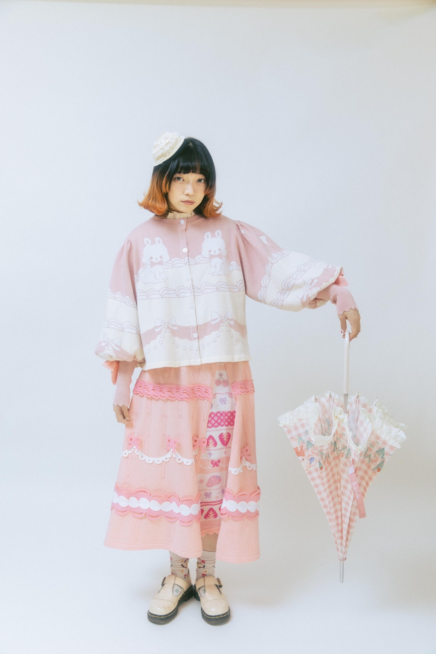 Meugler Bunny Cream Cake Lolita Sweet Bow Short Knitted Cardigan with Leg-of-Mutton Sleeves