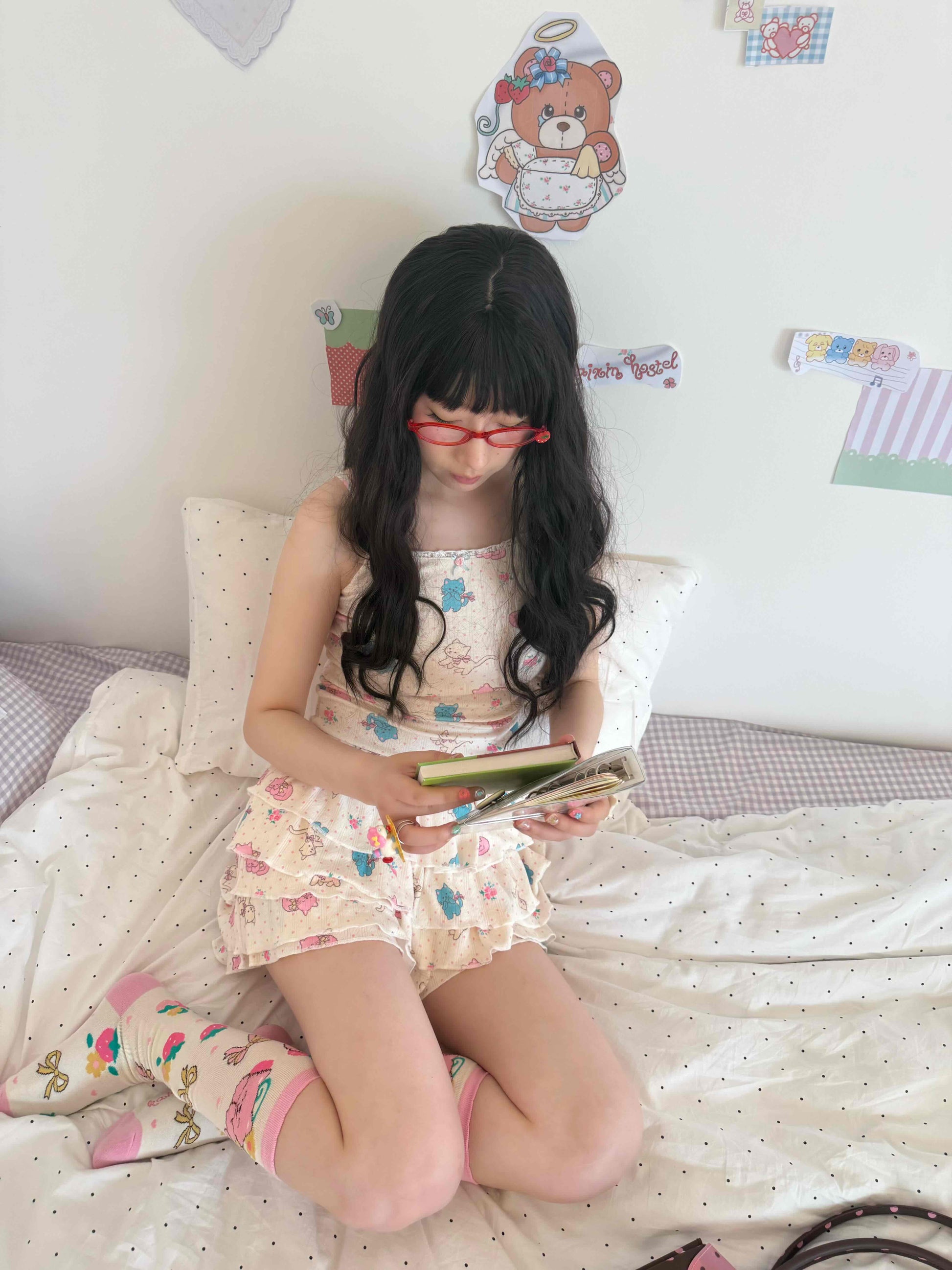 KaiXin Hostel - Cat Rose Print Cardigan Set set KaiXin hostel