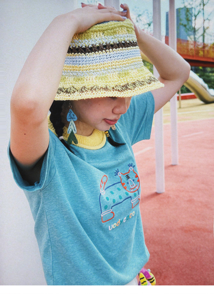 uodycoco – Embroidered Ribbed Collar T-Shirt tshirt uodycoco