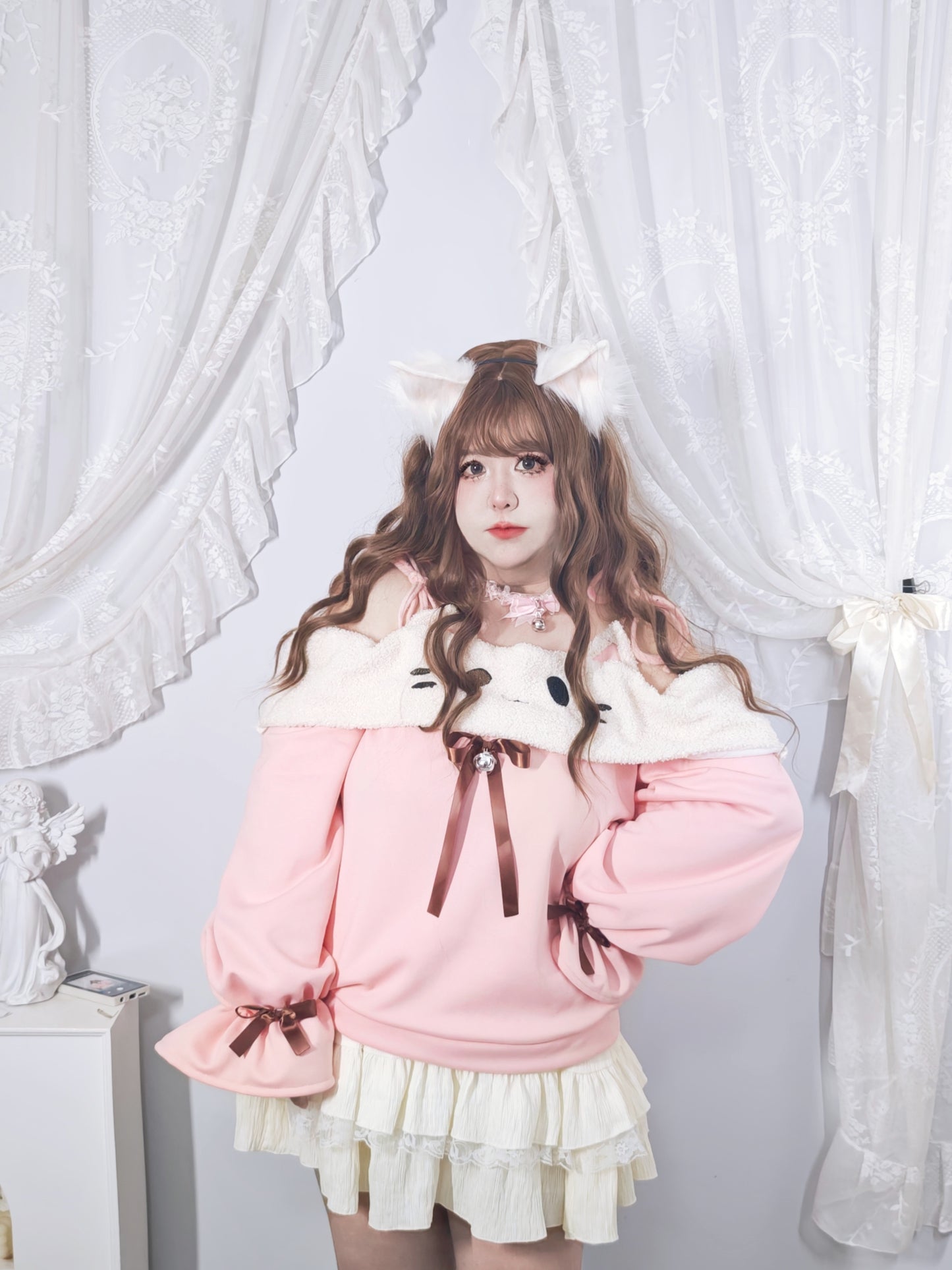 Roro Dream - Kawaii Oversized Puff Sleeve Cat Bow Sweater Lace Skirt Set set Roro Dream