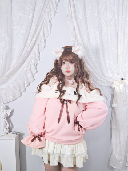 Roro Dream - Kawaii Oversized Puff Sleeve Cat Bow Sweater Lace Skirt Set set Roro Dream