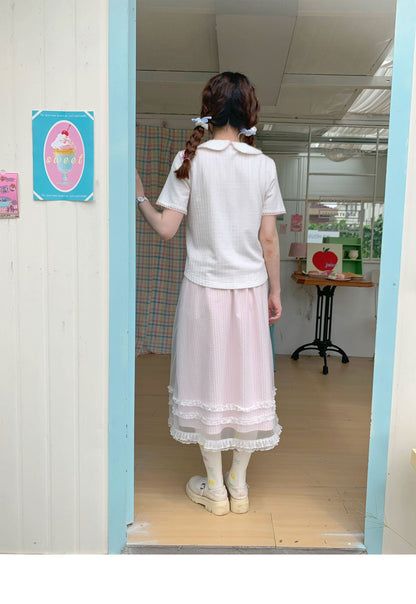 Peach Party - White Embroidered Knit Polo Cardigan