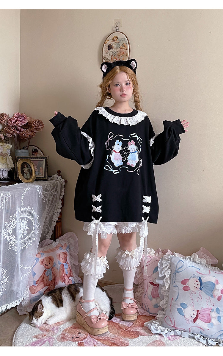 Labeau - Kawaii Ballet Bunny Lace Trim Ribbon Sweatshirt sweatshirt Labeau