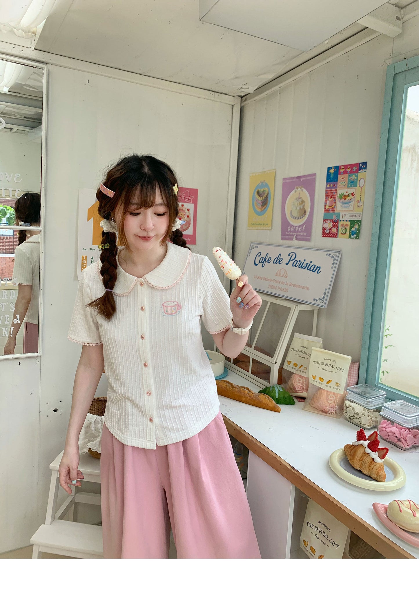 Peach Party - White Embroidered Knit Polo Cardigan