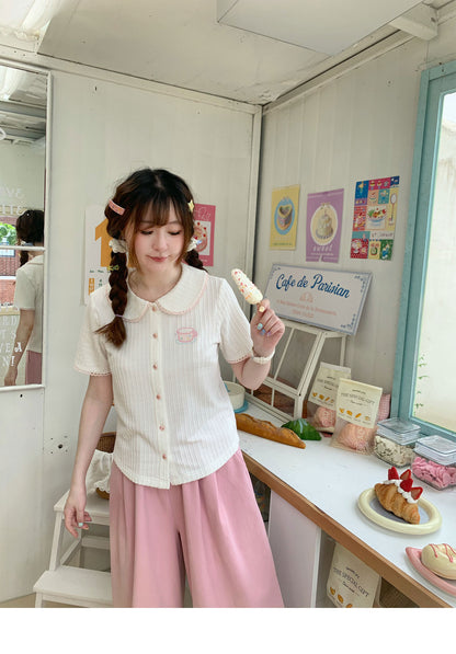 Peach Party - White Embroidered Knit Polo Cardigan
