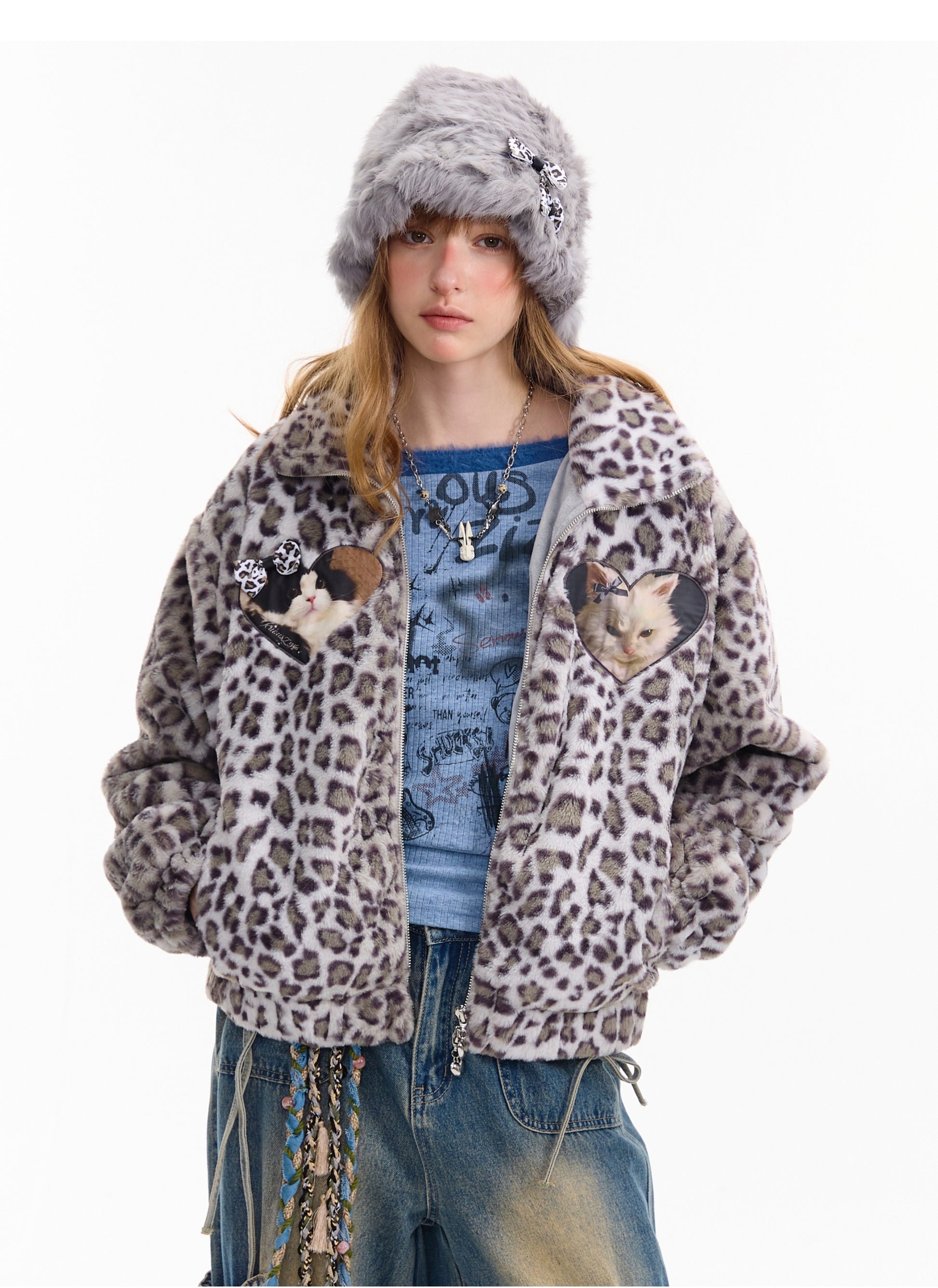 ziziFei - Girly Kei Leopard Cat Fleece Jacket coat ziziFei