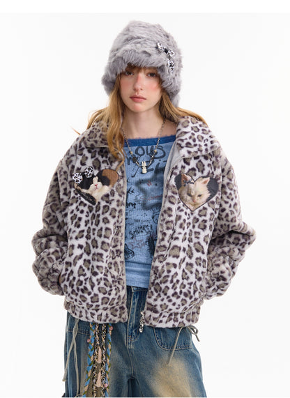 ziziFei - Girly Kei Leopard Cat Fleece Jacket coat ziziFei
