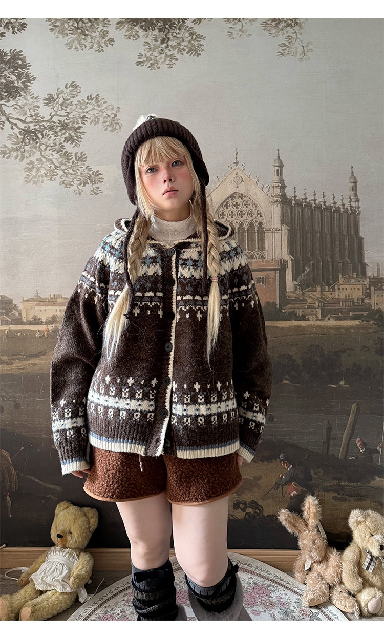 Labeau - Sweet Vintage Fair Isle Hooded Cardigan cardigan Labeau Brown