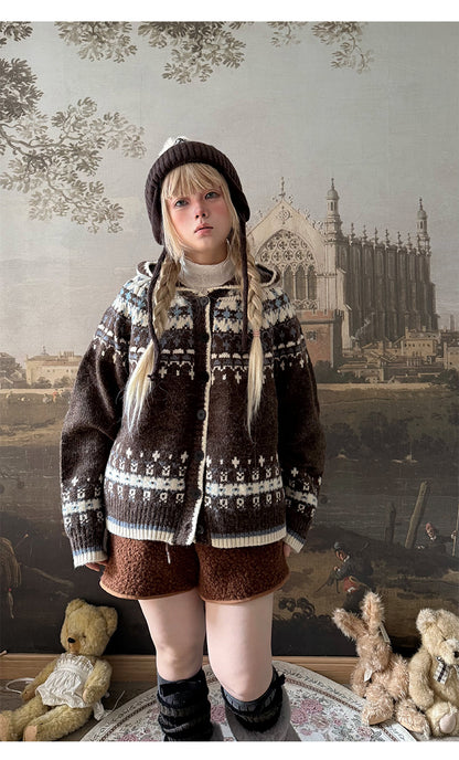 Labeau - Sweet Vintage Fair Isle Hooded Cardigan cardigan Labeau Brown