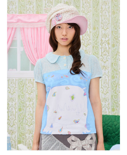 UnsocialNight - Cat Illustration Puff Sleeve Tee blouse UnsocialNight