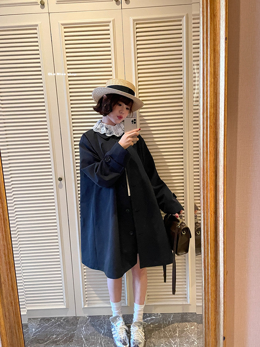 Lu Miao - Navy Bow Doll Collar Trench Coat Trench Lu miao