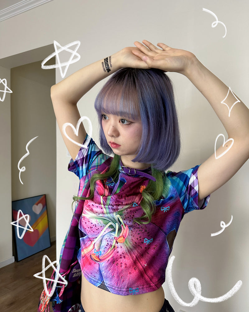 Decora Kei T-shirt – Vintage Plaid Round Neck tshirt bunnybunnygun