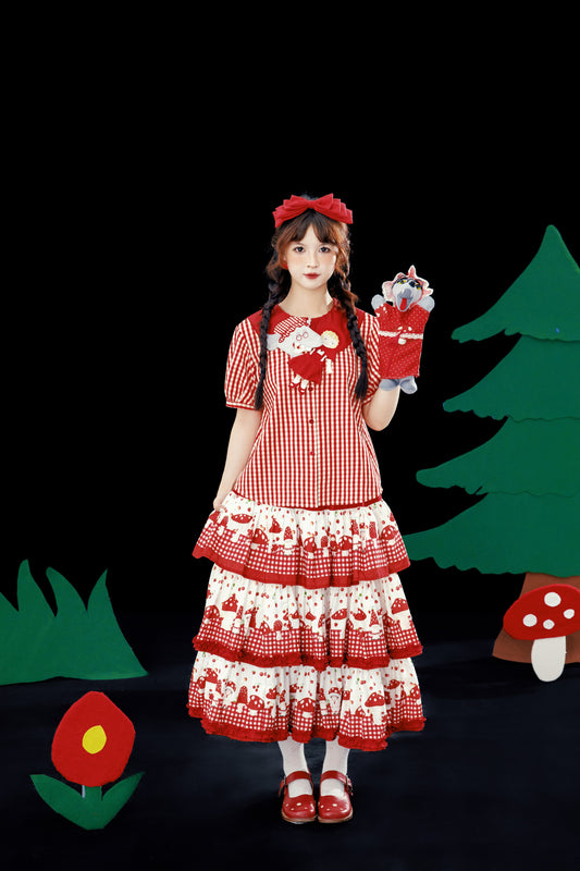 Meugler – Kawaii Mushroom Print Red Plaid Layered Cake Skirt