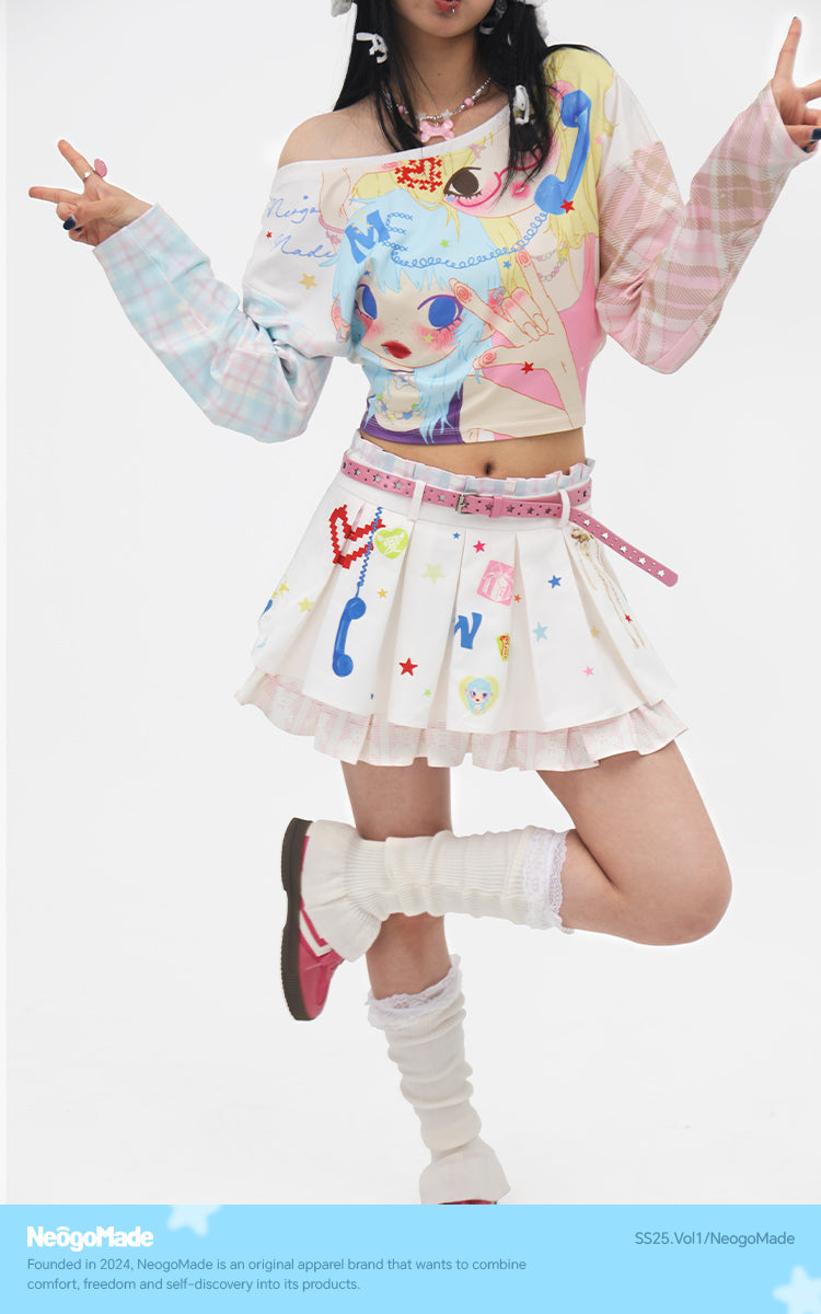 NeogoMade Twin Stars Crop Top | Harajuku Kawaii Off-Shoulder Plaid T-shirt tshirt NeogoMade