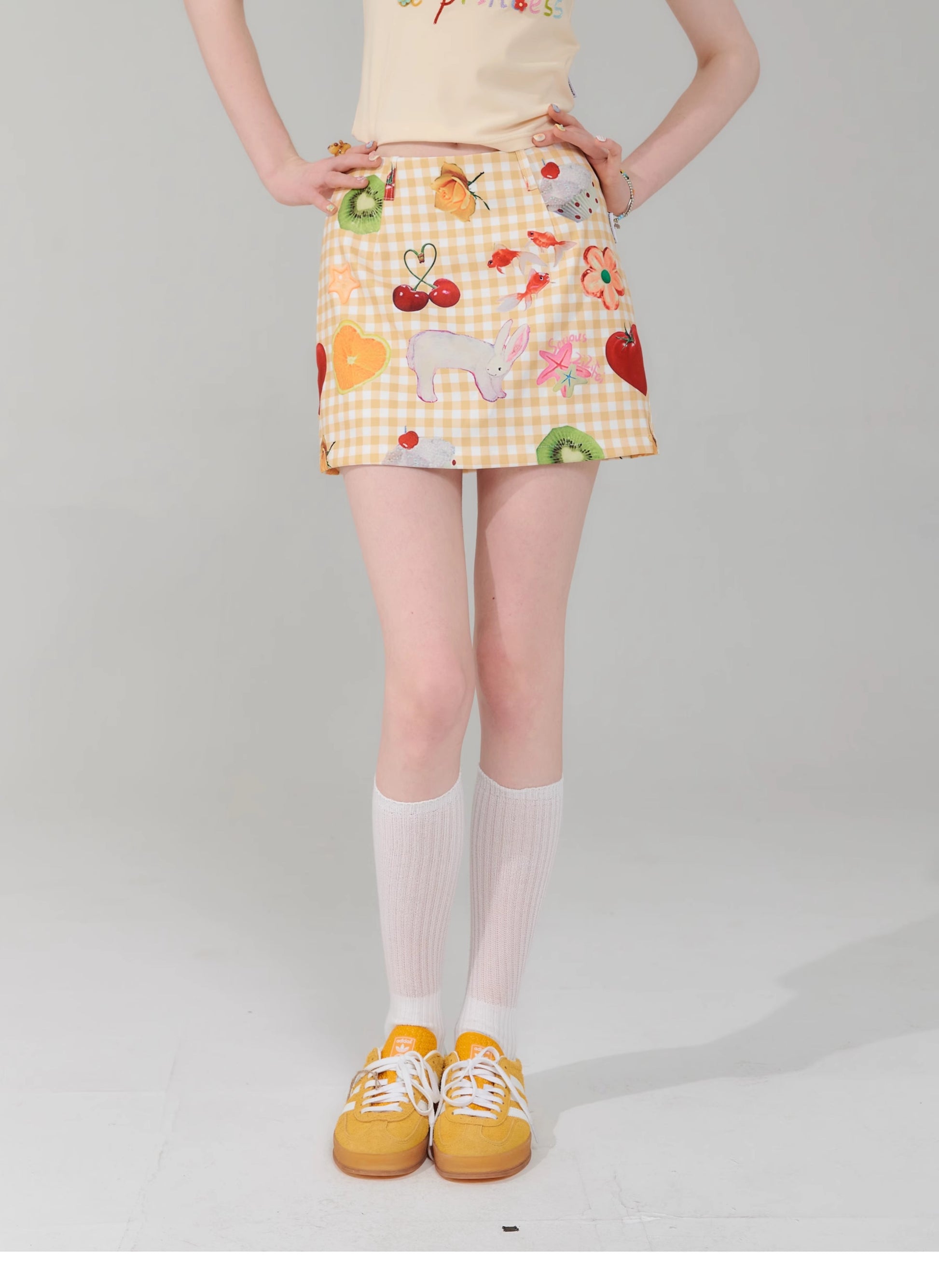 ziziFei - Girly Fruit Print Plaid High Waist Mini Skirt skirt ziziFei