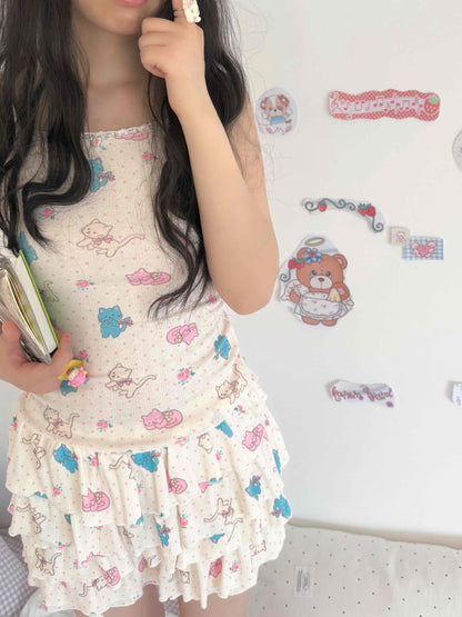 KaiXin Hostel - Cat Rose Print Cardigan Set set KaiXin hostel Camisole