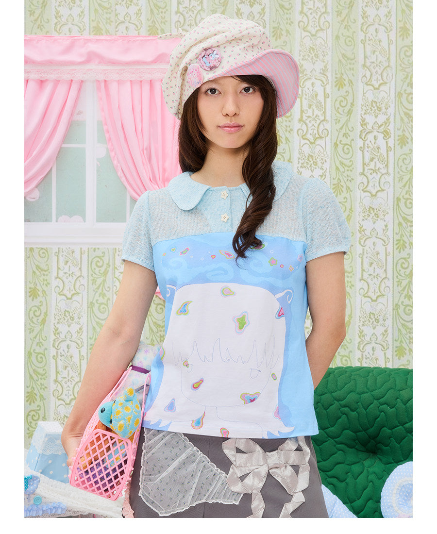 UnsocialNight - Cat Illustration Puff Sleeve Tee blouse UnsocialNight