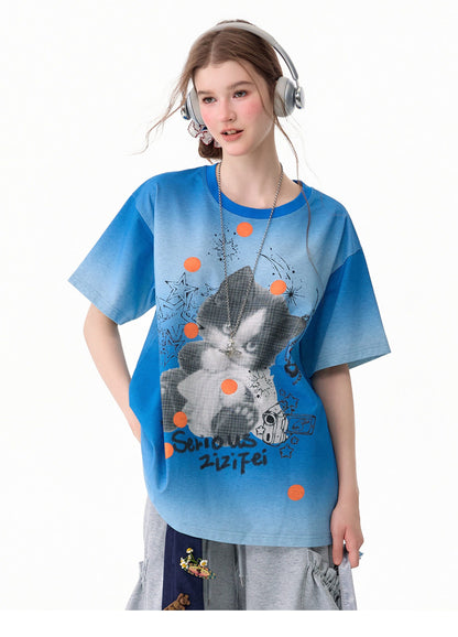ziziFei - Gradient Cat Graphic T-Shirt tshirt ziziFei Blue S