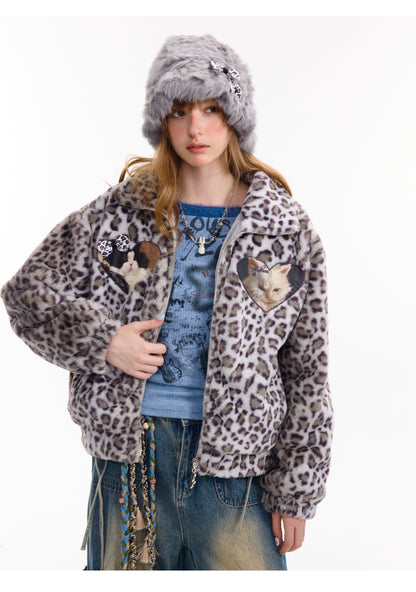 ziziFei - Girly Kei Leopard Cat Fleece Jacket coat ziziFei