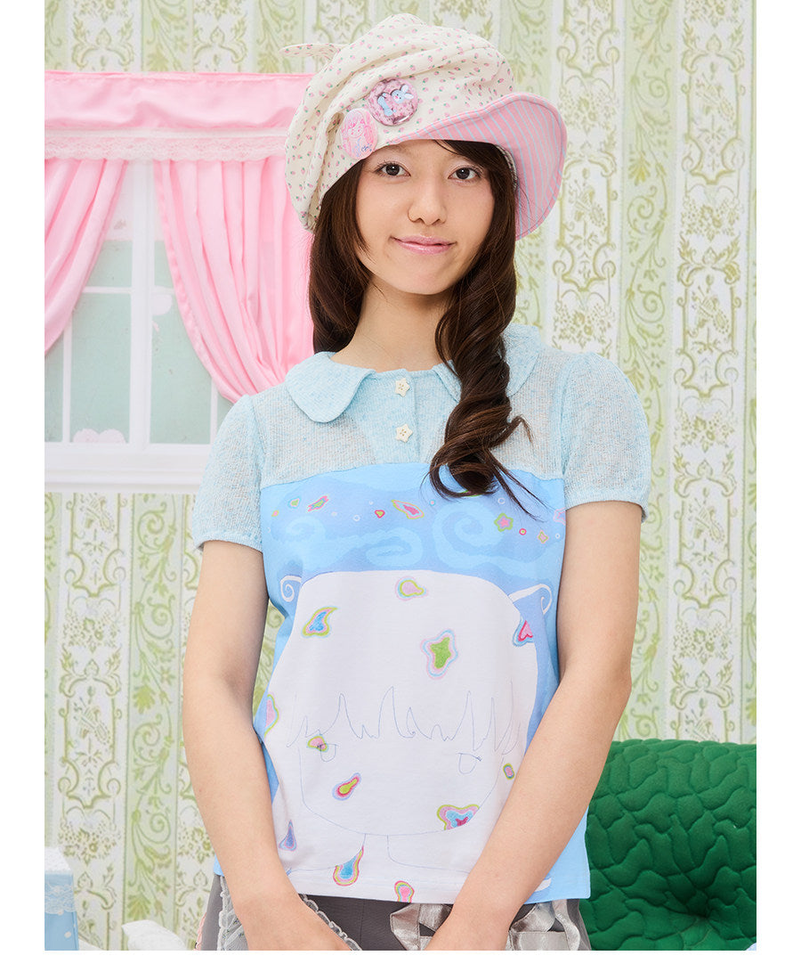 UnsocialNight - Cat Illustration Puff Sleeve Tee blouse UnsocialNight