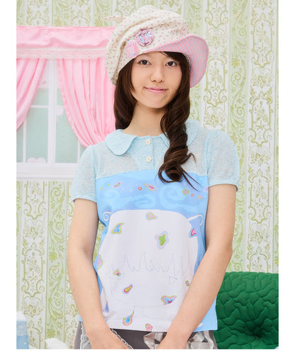 UnsocialNight - Cat Illustration Puff Sleeve Tee blouse UnsocialNight