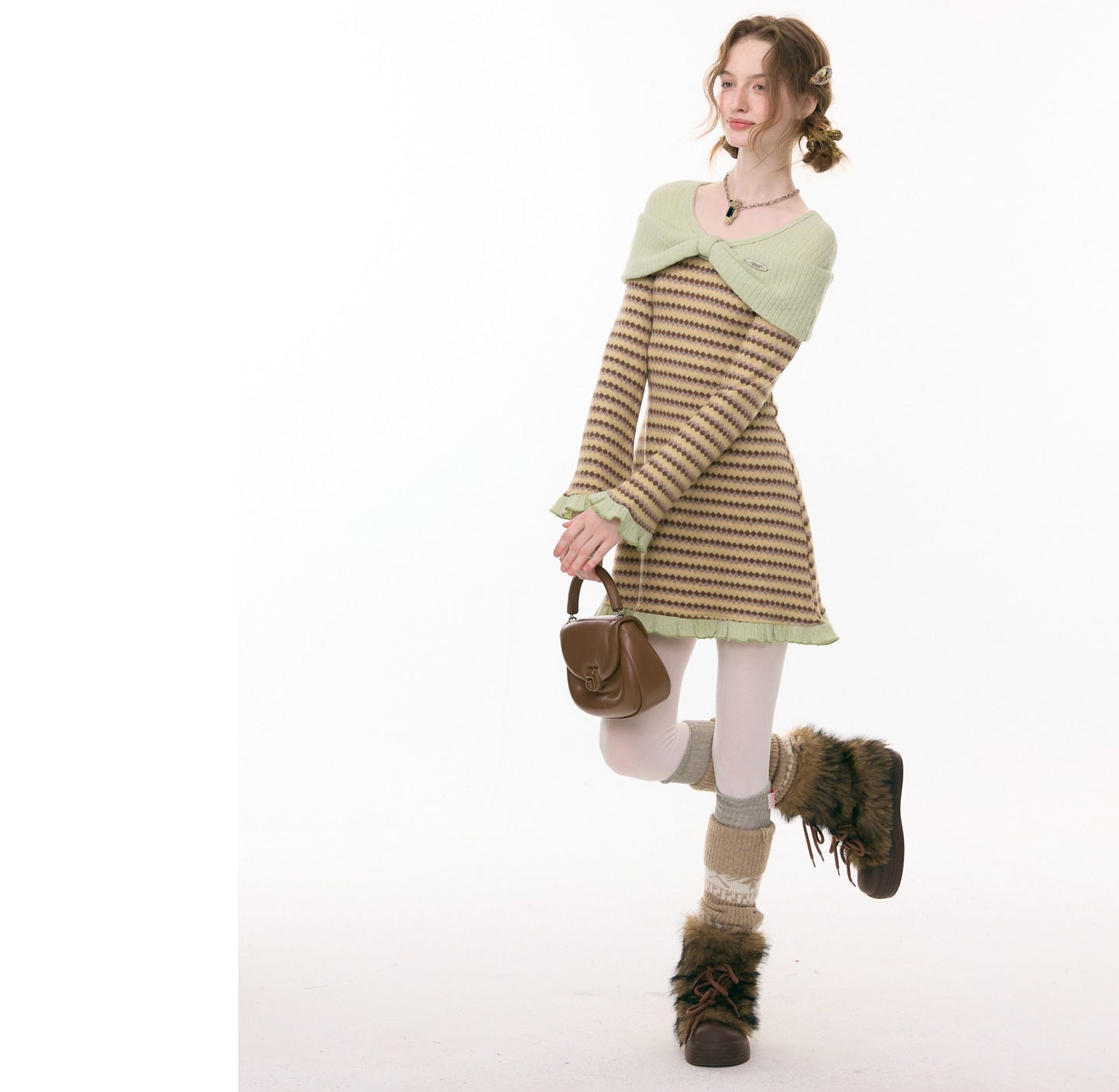ziziFei - Girly Kei Bow Plaid Knit Ruffle Dress dress ziziFei