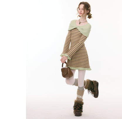 ziziFei - Girly Kei Bow Plaid Knit Ruffle Dress dress ziziFei
