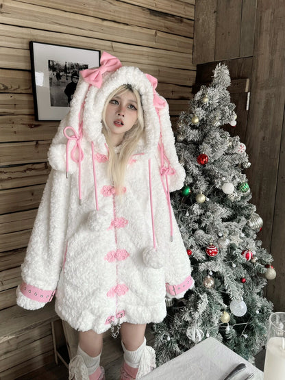 Three Poisons - Bunny Ear Plush Y2K Puffer Jacket coat Three Poisons White Pink