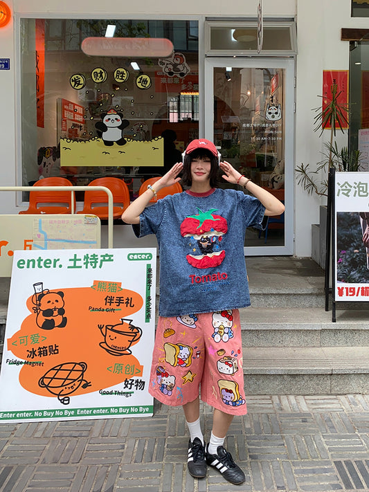 BIBULU - Kidcore Embroidered Cat Apple Tee Oversized tshirt BIBULU