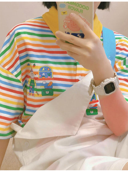 KURIOSITAET - Rainbow Stripe Polo Tee shirt KURIOSITAET