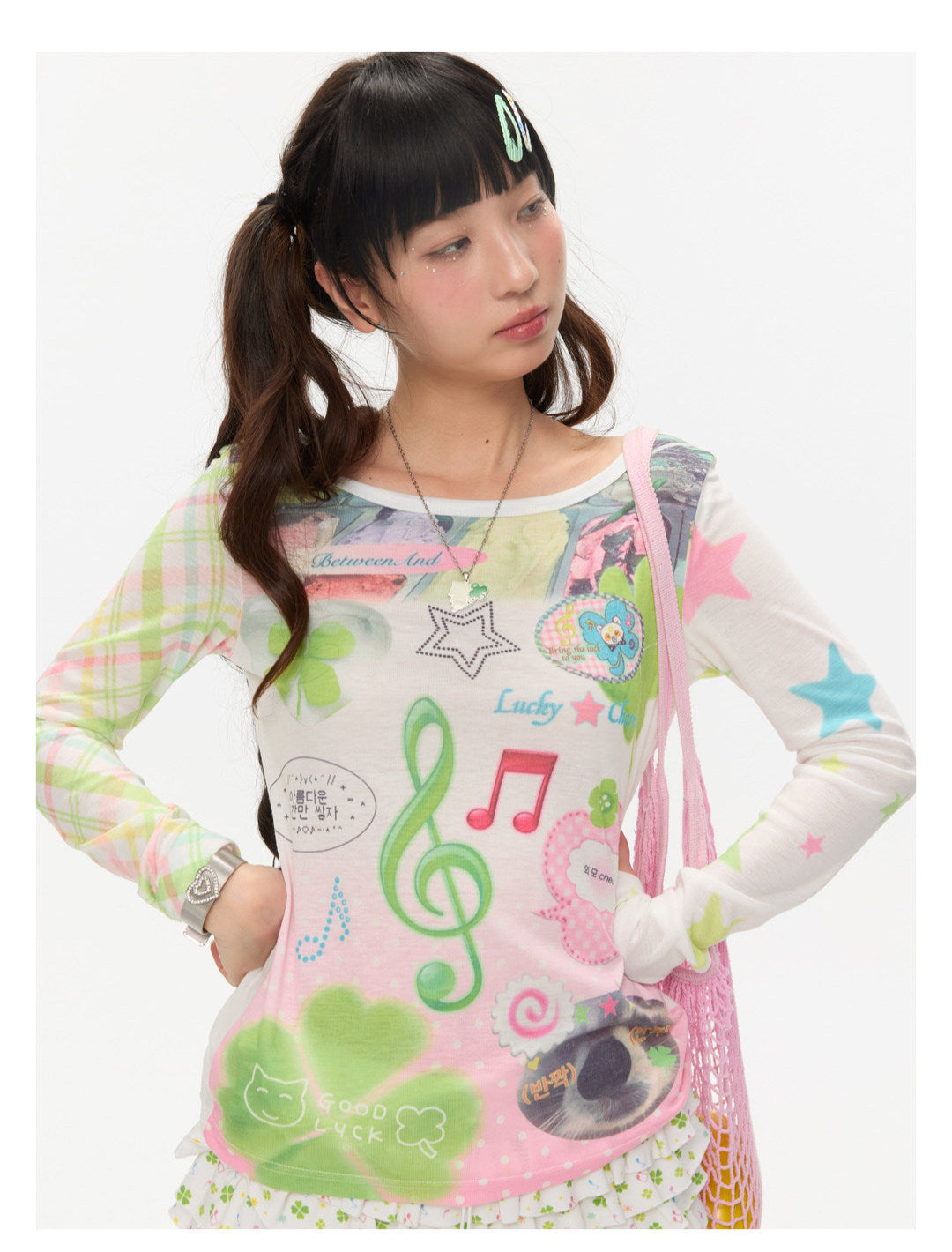 BETWEENAND - Lucky Note Print Long Sleeve Top shirt BETWEENAND