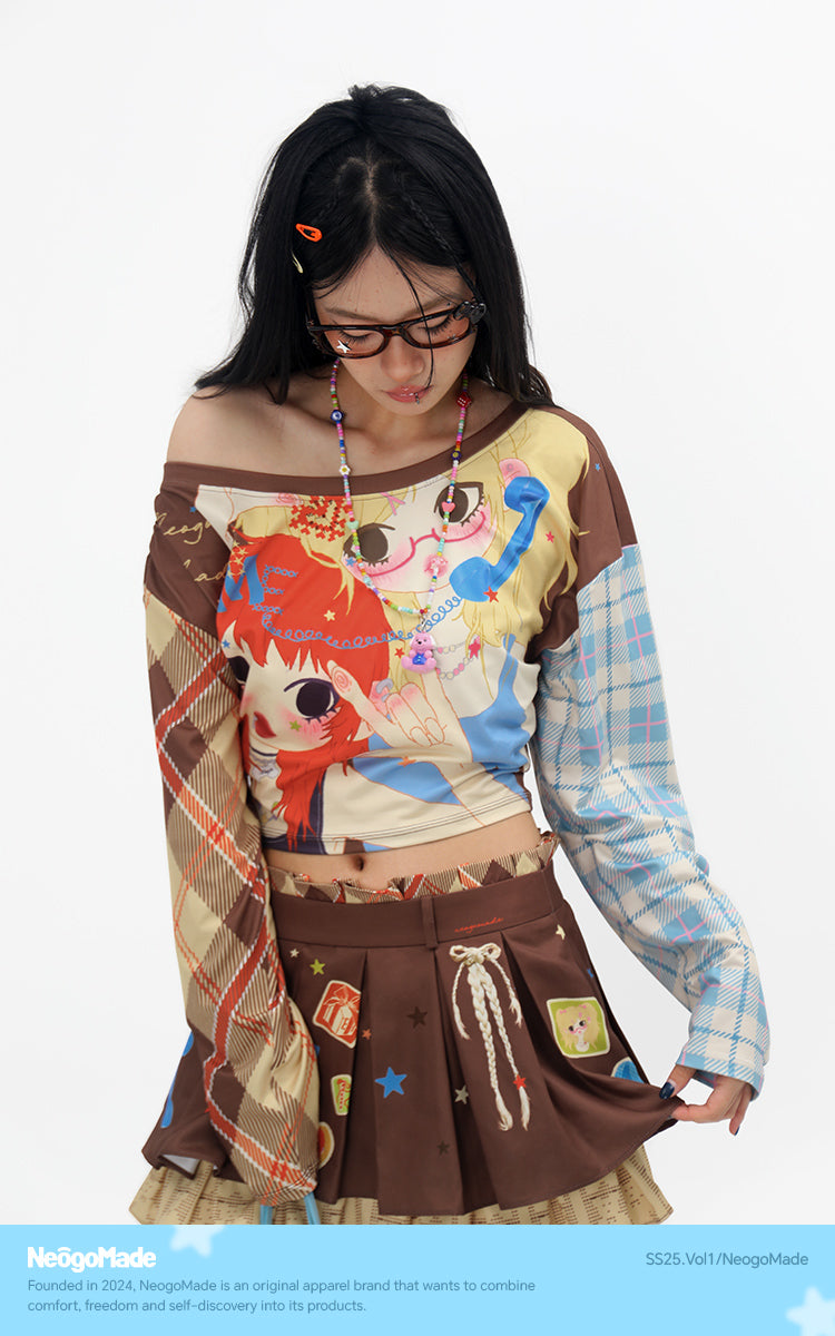 NeogoMade Twin Stars Crop Top | Harajuku Kawaii Off-Shoulder Plaid T-shirt tshirt NeogoMade