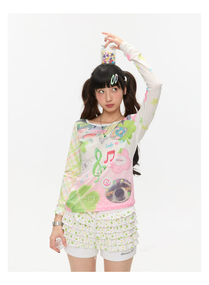 BETWEENAND - Lucky Note Print Long Sleeve Top shirt BETWEENAND