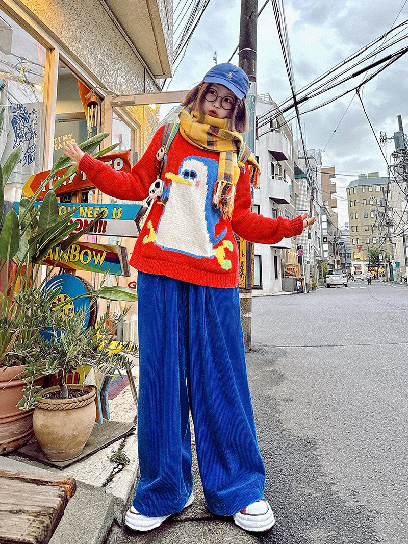 made in zzz 童趣手工针织可爱企鹅红色百搭保暖全棉打底衫毛衣 sweater made in zzz