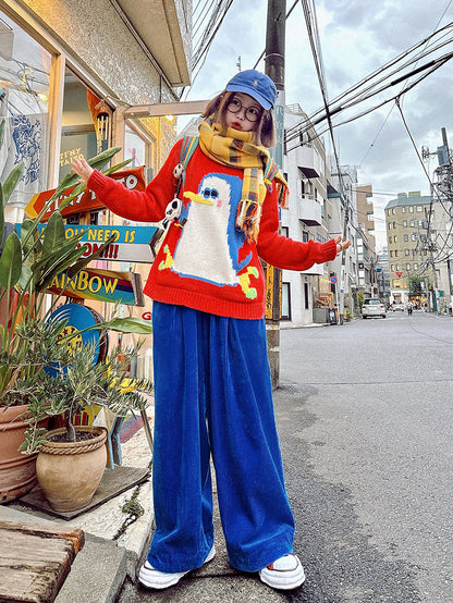 made in zzz 童趣手工针织可爱企鹅红色百搭保暖全棉打底衫毛衣 sweater made in zzz