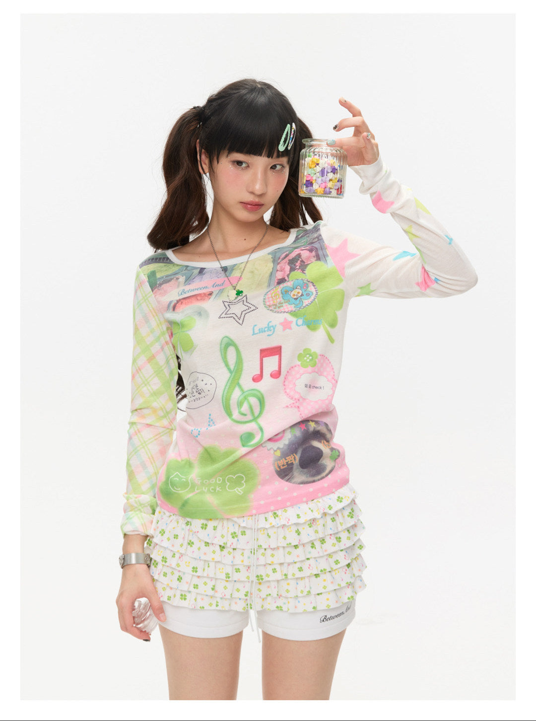 BETWEENAND - Lucky Note Print Long Sleeve Top shirt BETWEENAND