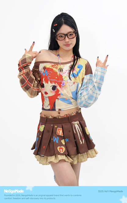 NeogoMade Twin Stars Crop Top | Harajuku Kawaii Off-Shoulder Plaid T-shirt tshirt NeogoMade